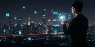 2026 Cybersecurity Landscape: US Regulations Impact Business by 15% Futuristic digital city with cybersecurity data flow and business professional
