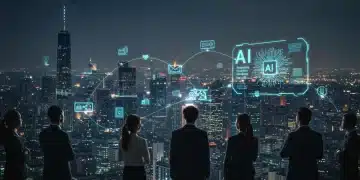 Navigating US AI Regulations 2026: Compliance for Business Growth Business professionals strategizing AI regulation compliance in a futuristic digital environment