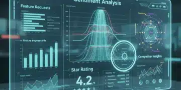 Futuristic dashboard analyzing software review data with advanced metrics.